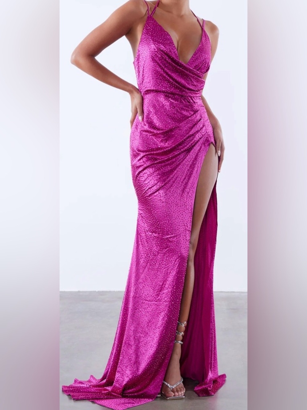 Women's Fuchsia embellished, spaghetti strapped Satin Dress